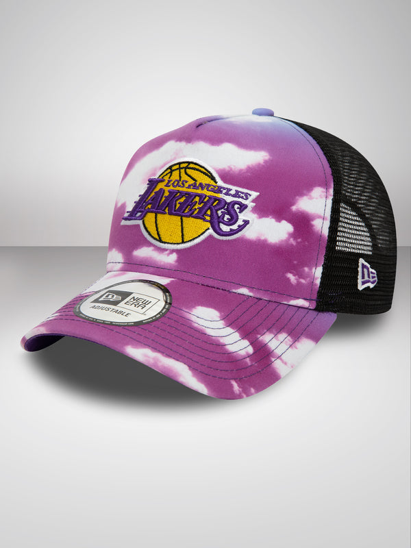 LA Lakers Cloud All Over Print Purple A-Frame Trucker Cap