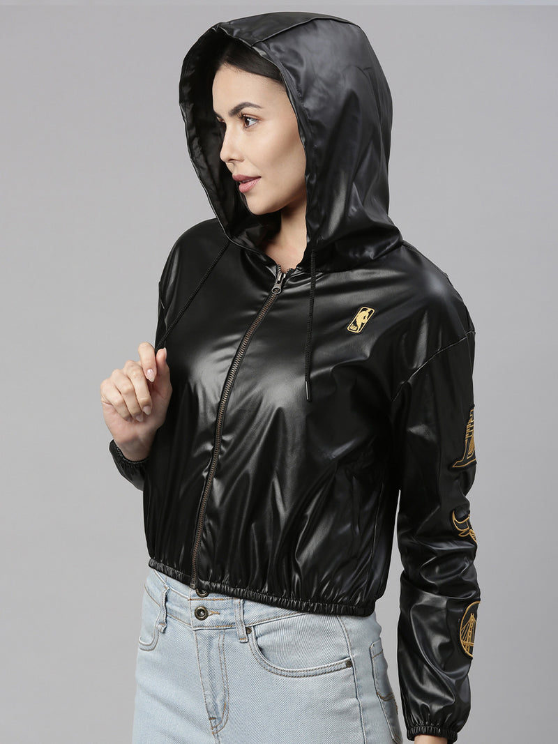 NBA: Faux Leather Cropped Hoodie - Black