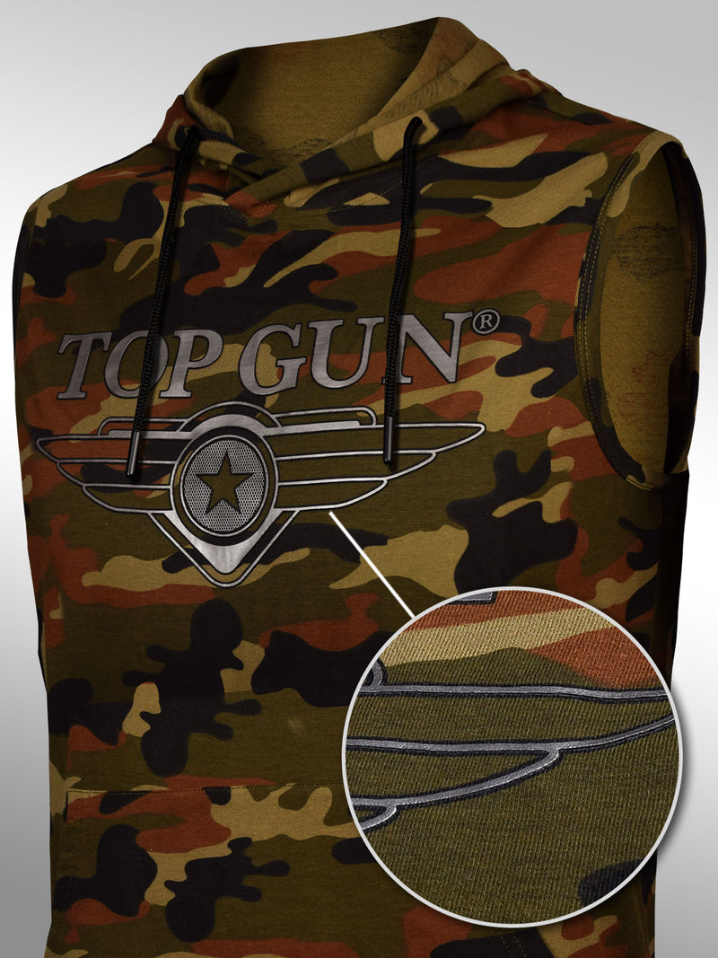 Top Gun: Camo Sleeveless Hoodie with Gun Metal 3D Print  - Olive Green